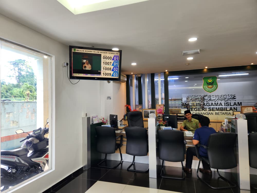 Custronics Digital Queue Management System installed in Majlis Agama Islam Negeri Sembilan (MAINS) Betaria branch